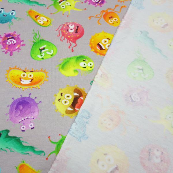 Stoff Baumwolle Jersey mit Monster Design grau multicolor bunt Kinderstoff Kleiderstoff